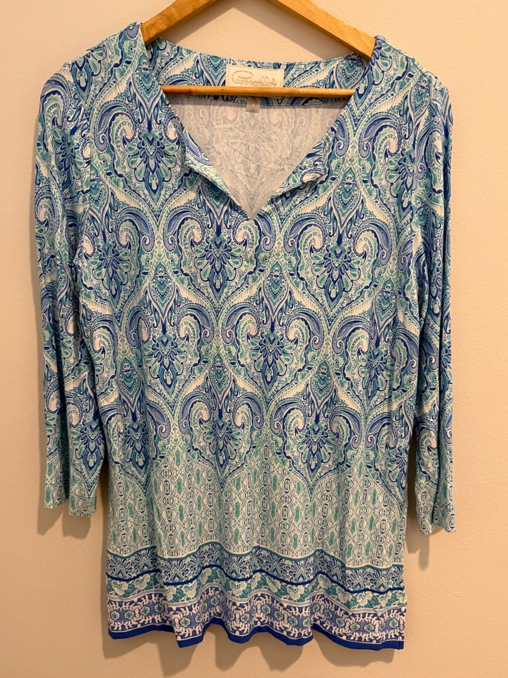 Cappagallo Tropical Paisley Tunic Top Blue Green Resort Wear Medium